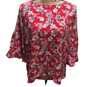 {J. Jill} Red Floral Boatneck Bell Sleeve Blouse